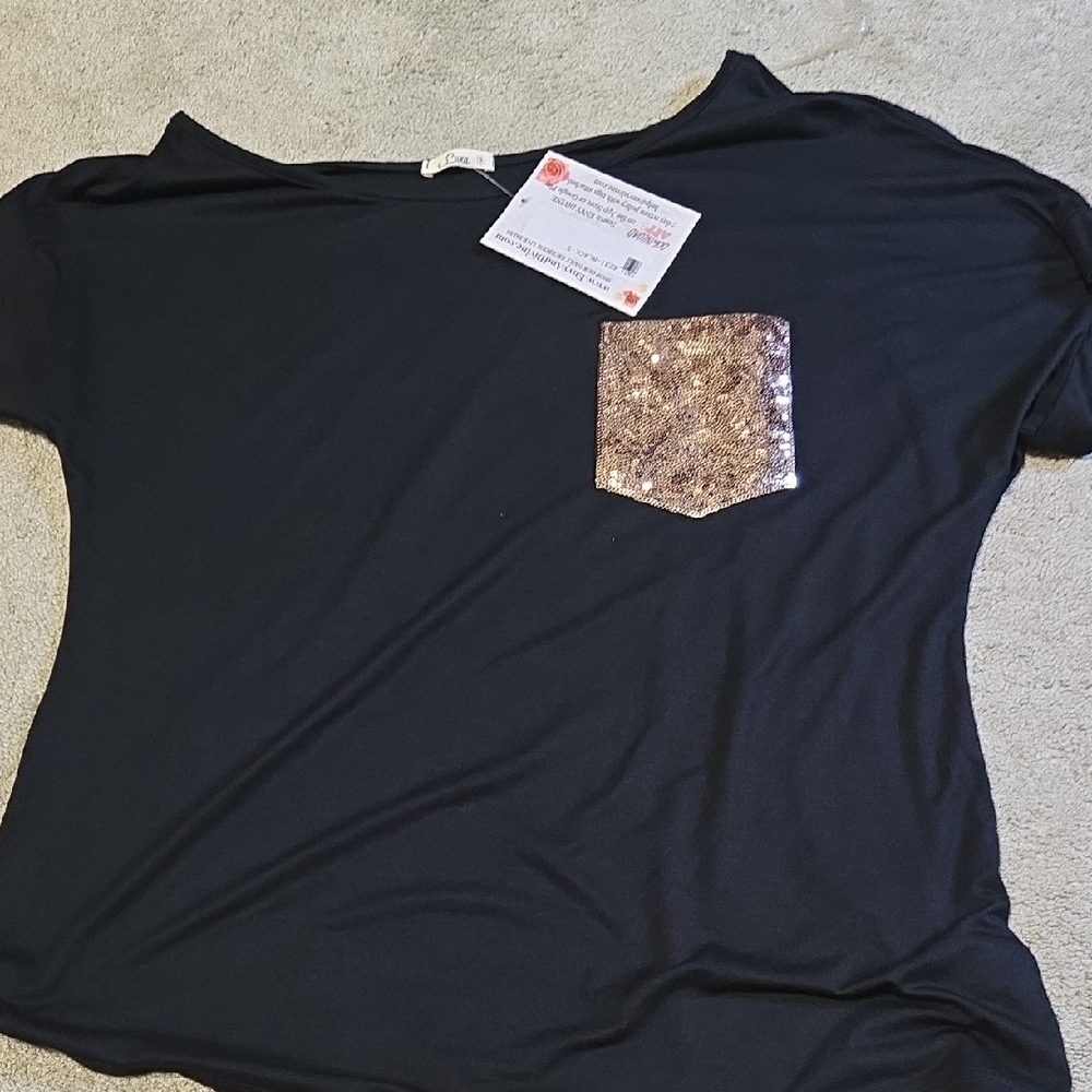 Black Boxy Sequin T-Shirt Short Sleeve